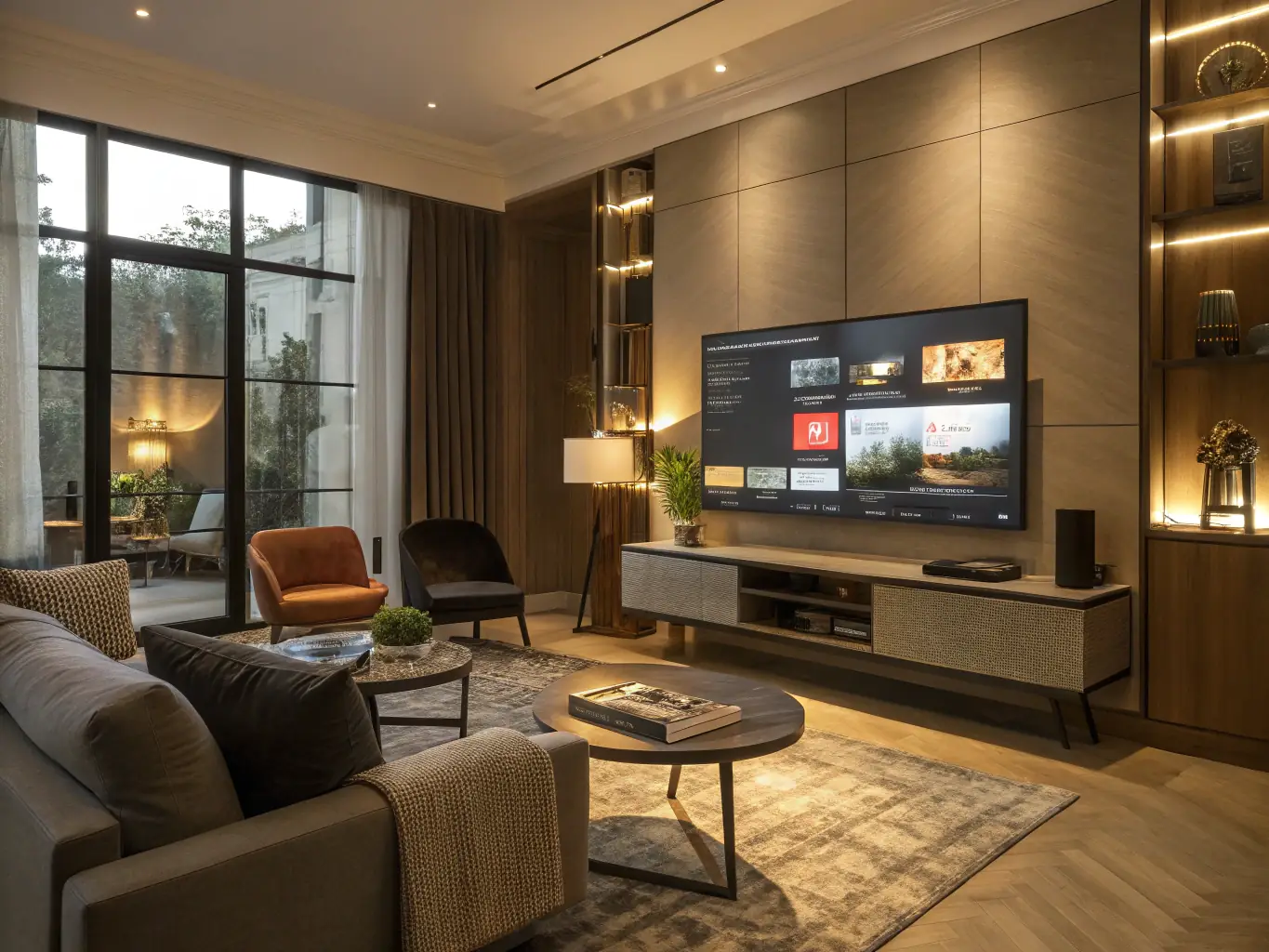 A 360-degree virtual tour interface displayed on a laptop screen, showing a modern living room with high-end furnishings. The interface includes navigation buttons and interactive elements.
