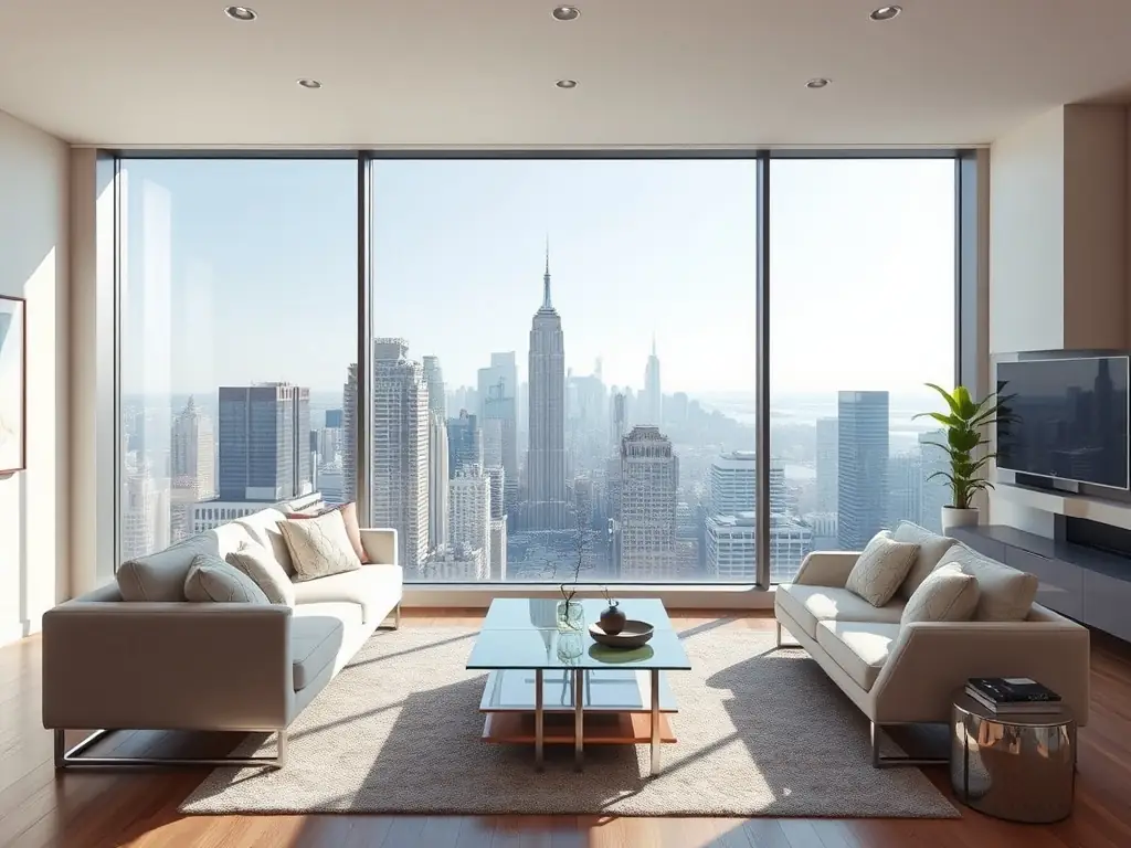 Interior shot of a modern living room with large windows showcasing a city skyline, professionally lit and staged to highlight the space and design elements.