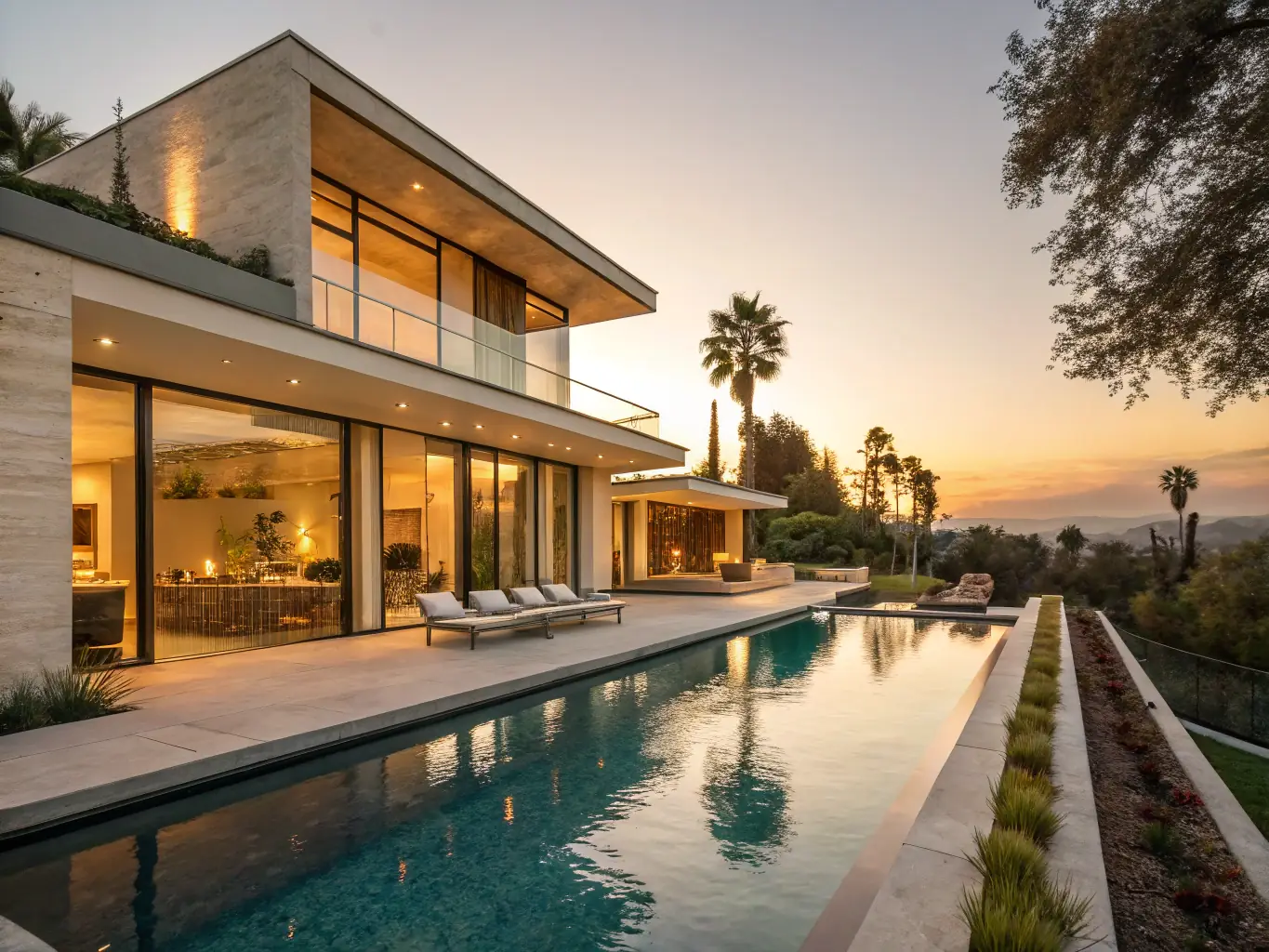 A high-angle drone shot capturing a modern home with a well-manicured lawn and a swimming pool in the backyard, taken during golden hour to highlight the property's features and appeal.